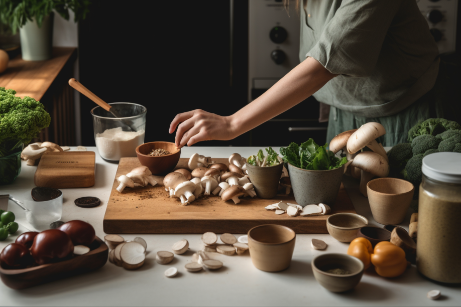 kitchen counter with a variety of fresh ingredients , such as mushroom powder and coffee